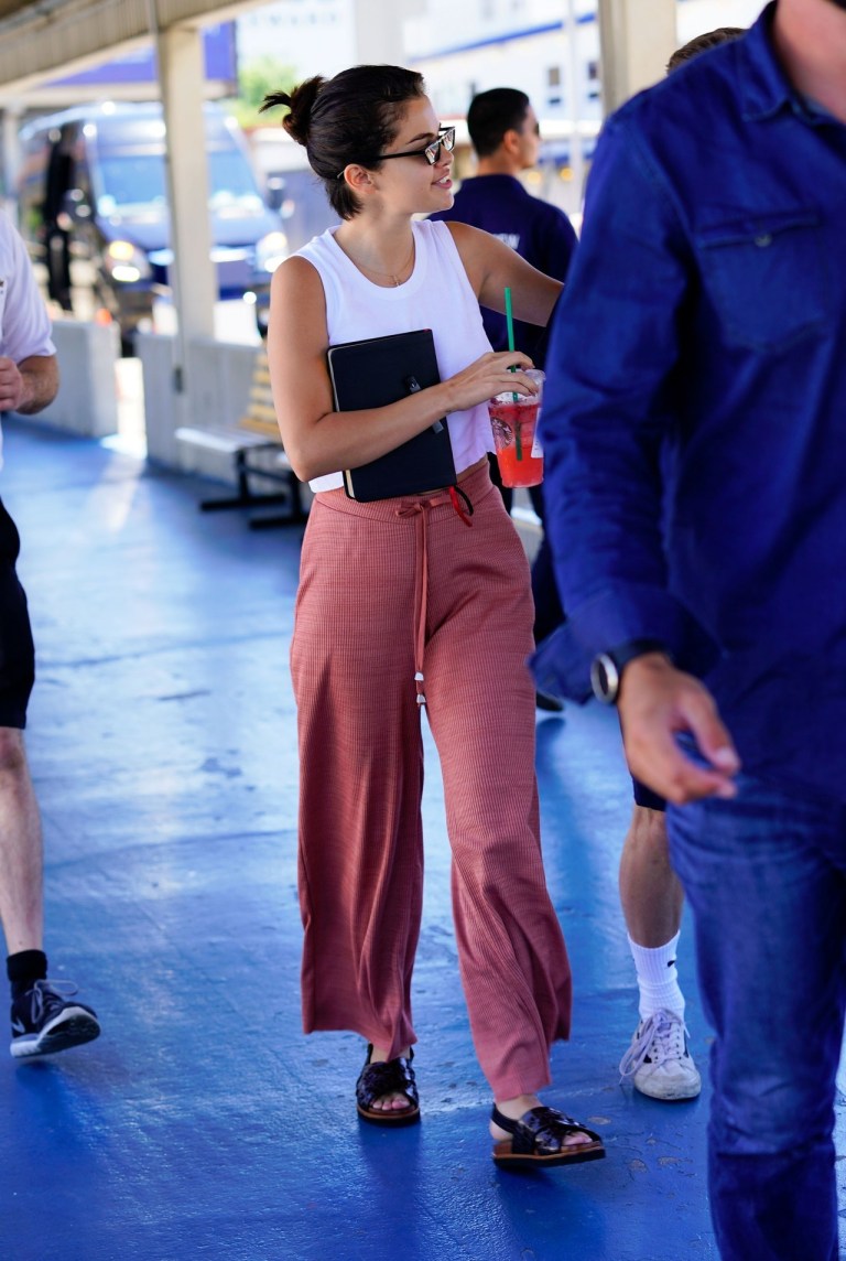 Selena Gomez style blog white top pink pants black slip on Coney Island July 2018