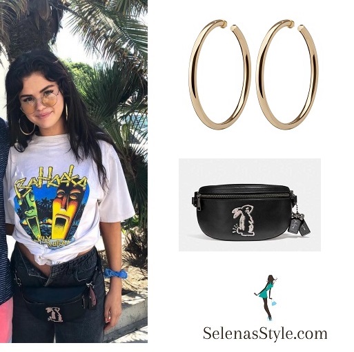 Selena Gomez Bahooka t-shirt bunny belt bag gold hoop earring august 14 2018