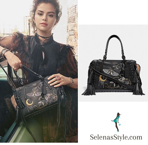Selena Gomez style blog black bag black chiffon and brown dress