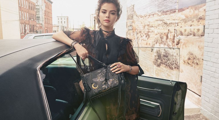 Selena Gomez style blog black bag black chiffon and brown dress