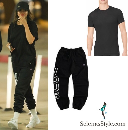 Selena Gomez style blog black t-shirt black puma sweatpants white sneakers 26 July 2018