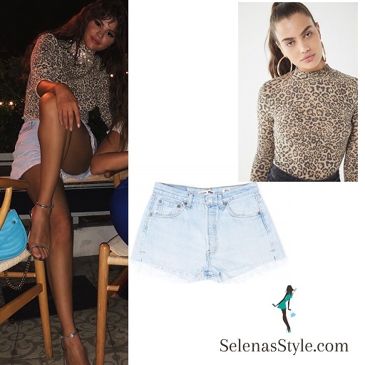 Selena gomez style blog leopard print top washed blue denim shorts silver sandals green LV bag