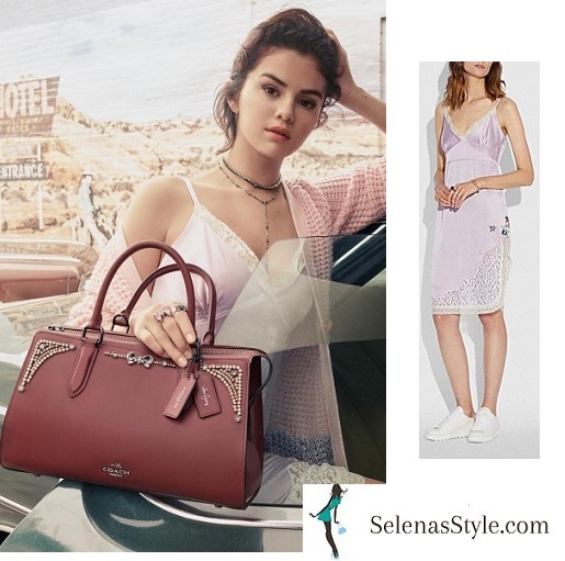 Selena Gomez style blog lilac slip dress pink cardigan maroon bag coach 2018 photo Steven Meisel