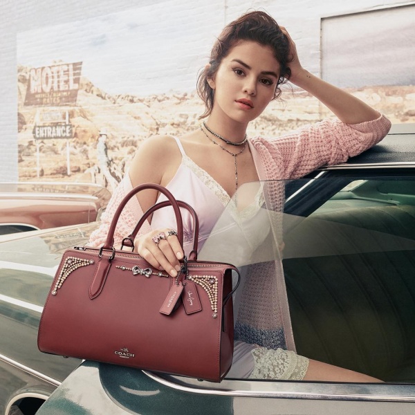 Selena Gomez style blog lilac slip dress pink cardigan maroon bag coach 2018