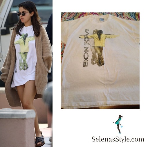 Selena gomez style fashion outfit blog bon jovi t-shirt beige cardigan brown crossover sandals 25 July 2018