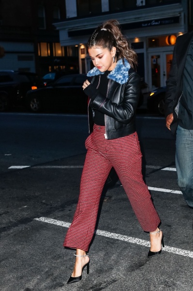 Selena gomez style blog black leather jacket blue collar red houndstooth trousers black sandals September 2018