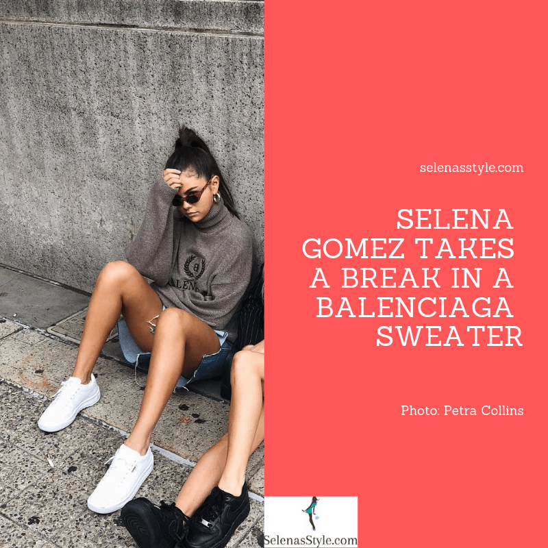 Selena Gomez style blog beige sweater denim shorts red and black sunglasses silver hoop earrings September 2018