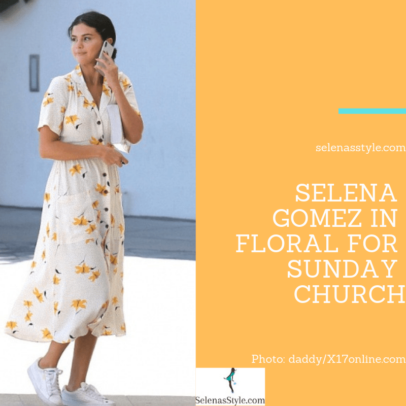 Selena Gomez style blog white and yellow floral midi shirt dress white sneakers September 2018 photo daddy X17online com