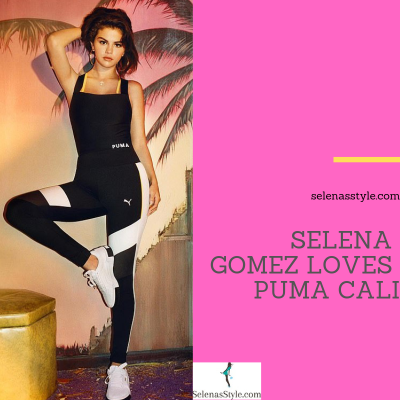 Where to get Selena Gomez black white yellow crop top leggings Cali sneakers November 2018