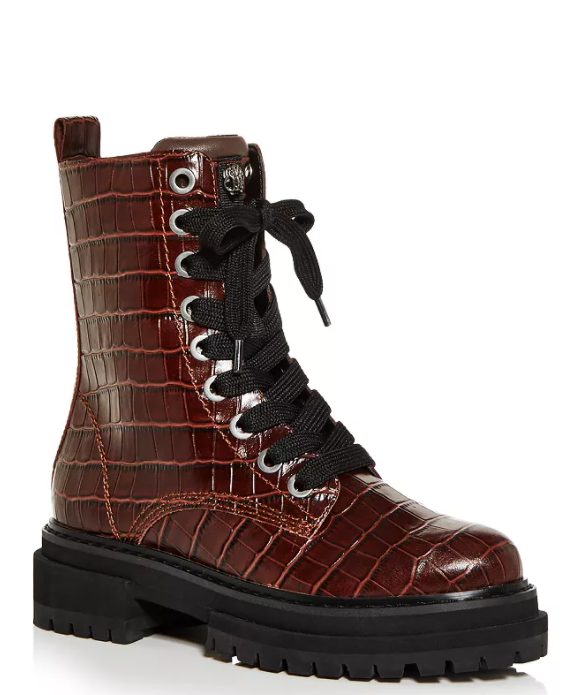 Kurt Geiger London Women's Siva Croc Print Leather Lace Up Boots. medium red