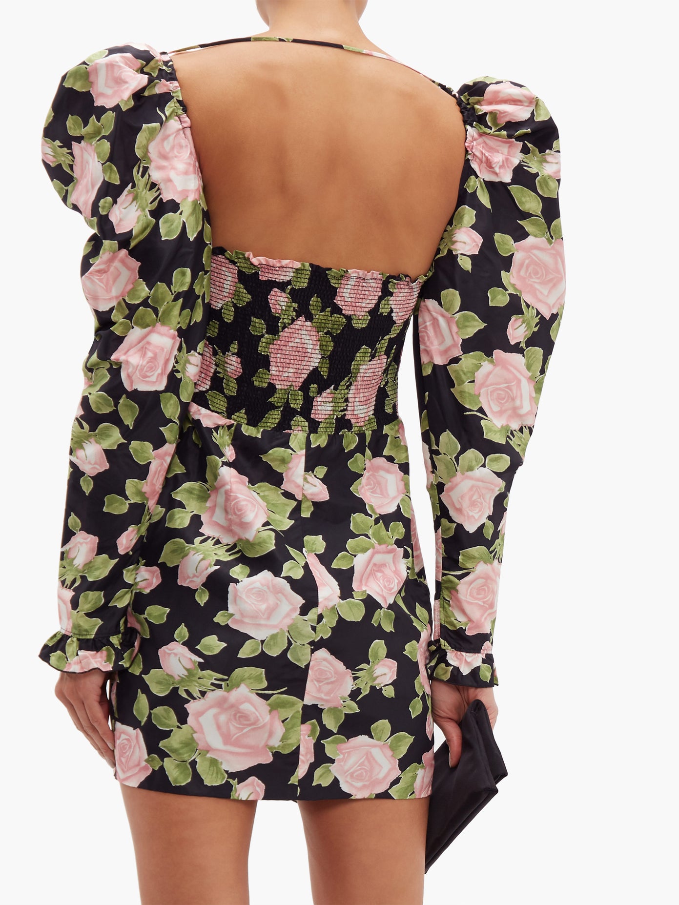 Alessandra Rich Short Silk Dress With Rose Print back view
