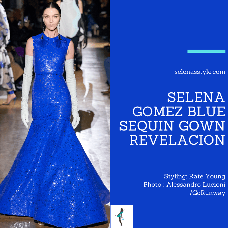 Where to get Selena Gomez outfits January 2021 blog blue sequin gown blue elbow lenght gloves REVELACION album