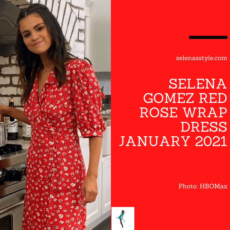 Where to get Selena Gomez outfits January red rose print wrap dress 2021 blog