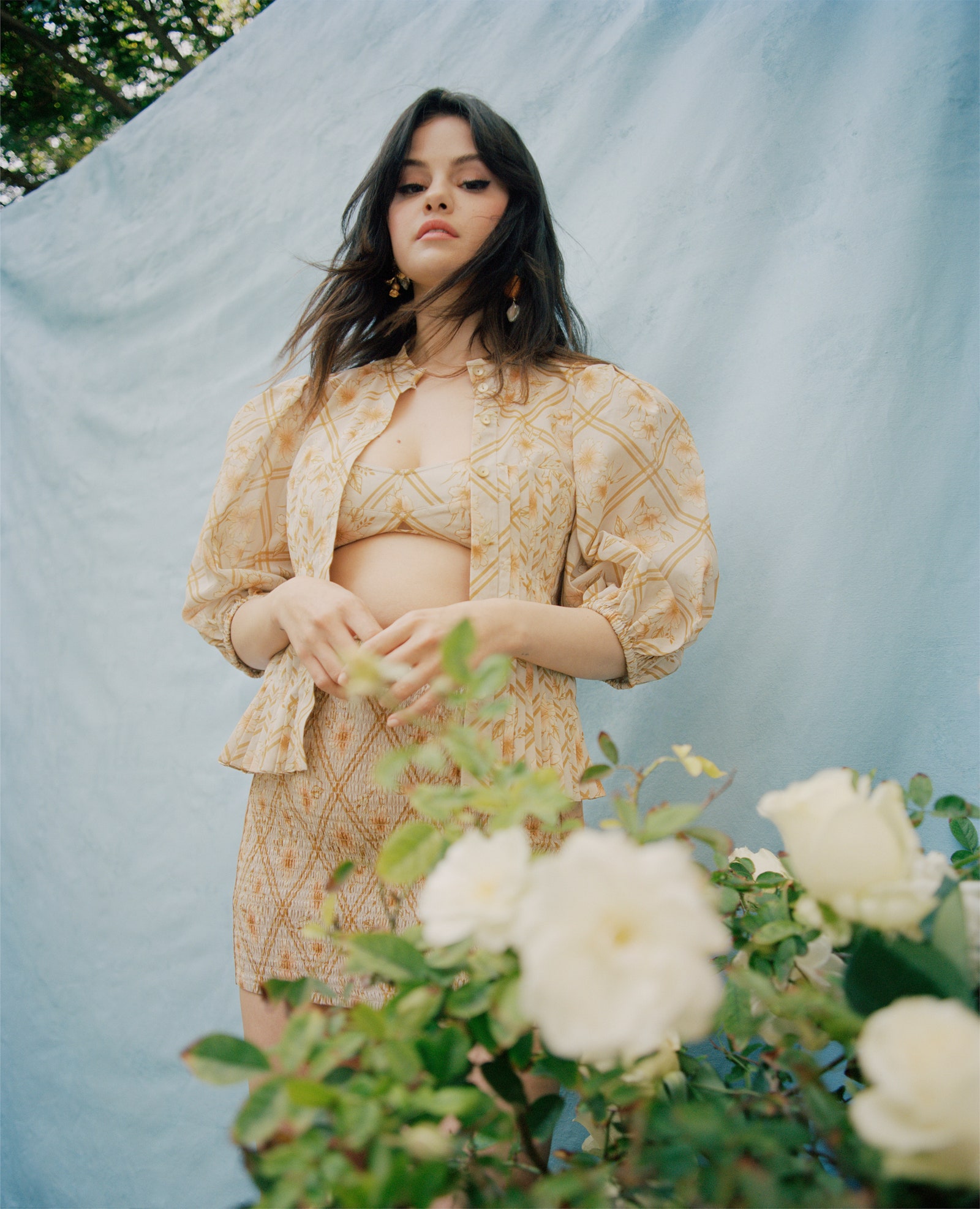 where to get Selena gomez beige floral bra skirt and blouse Vogue US April 2021 Photo Dadine Ijewere