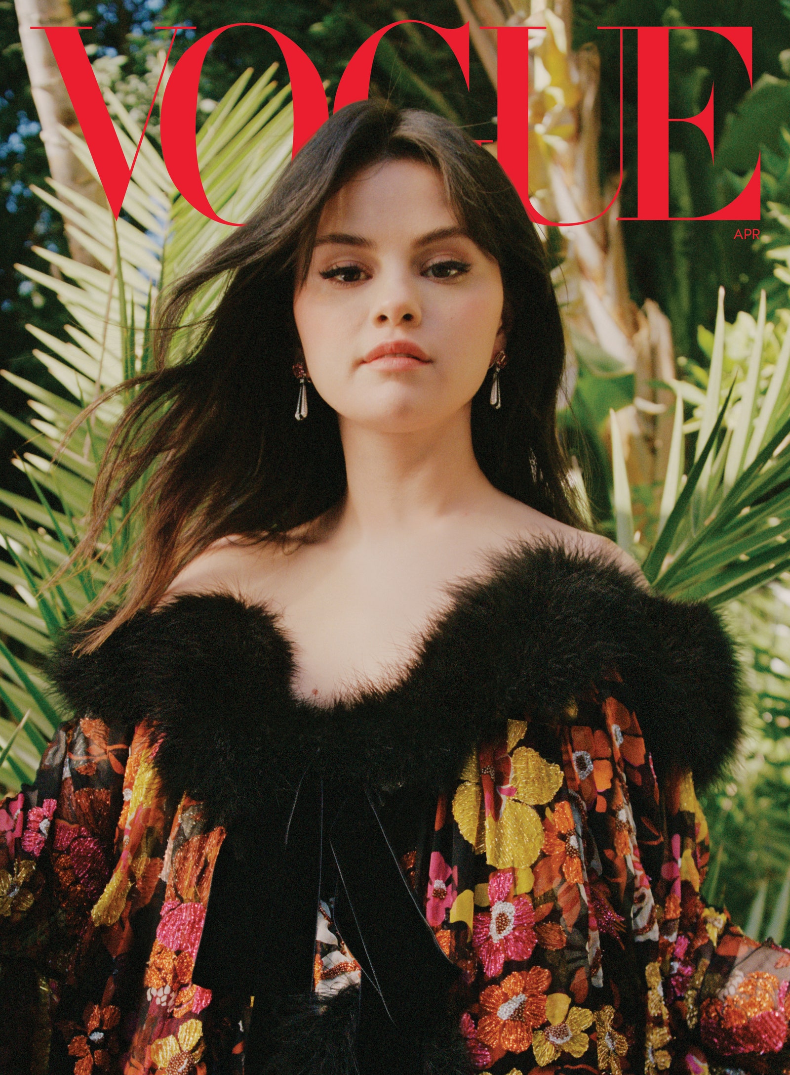 where to get Selena Gomez Vogue April 2021 Cover embroidered dress with fur trim Photo Nadine Ijewere