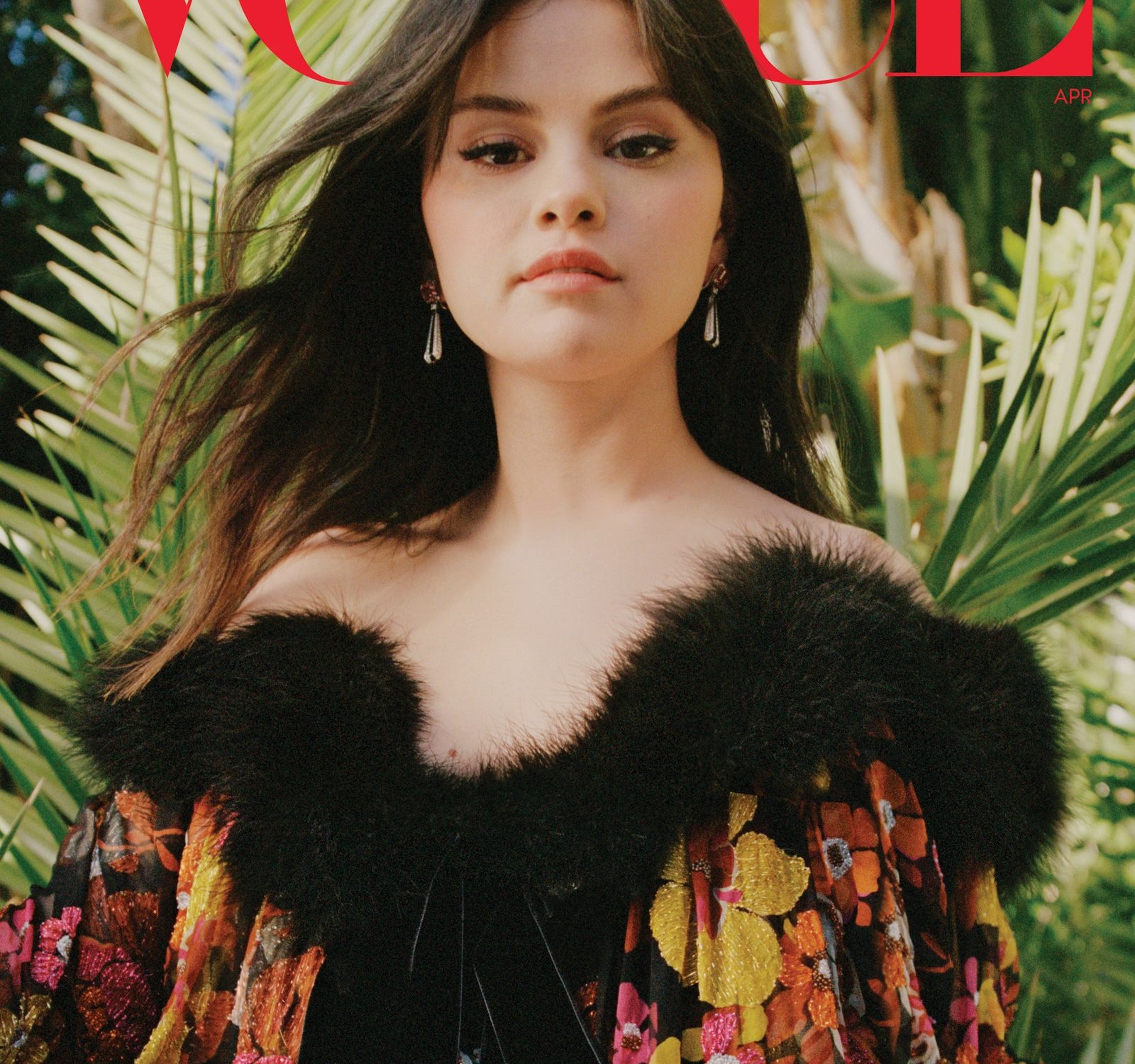 where to get Selena Gomez Vogue April 2021 Cover embroidered dress with fur trim Photo Nadine Ijewere