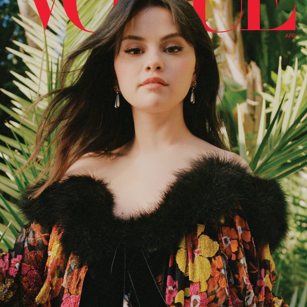 where to get Selena Gomez Vogue April 2021 Cover embroidered dress with fur trim Photo Nadine Ijewere