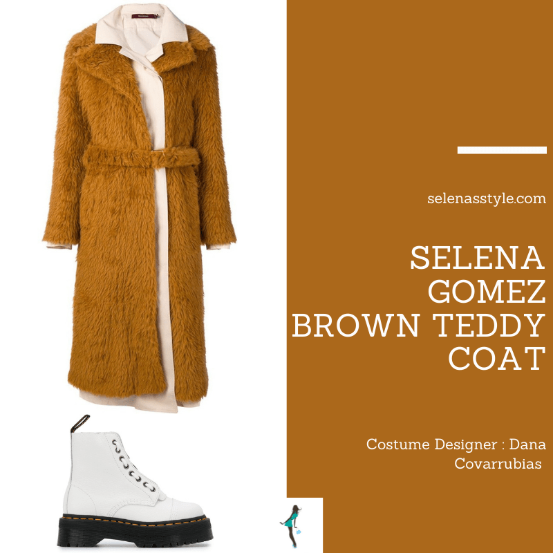 Where to get Selena Gomez outfits March 2021 blog brown teddy coat white platform boots on the set of Only Murders In The Building