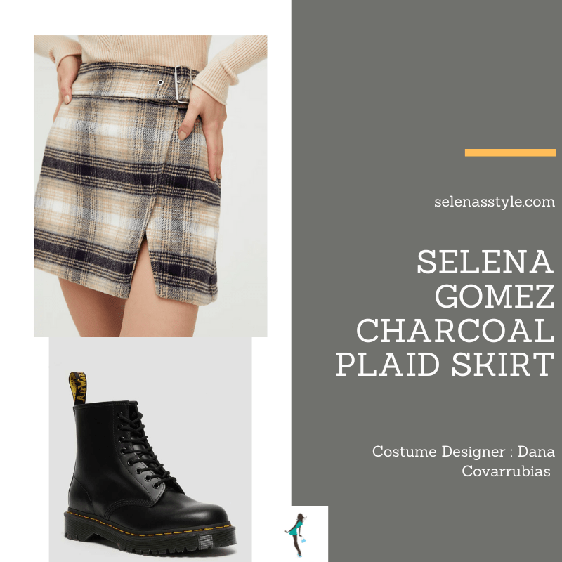 Where to get Selena Gomez outfits April 2021 blog black white plaid skirt black platform ankle boots on the set of Only Murders In The Building