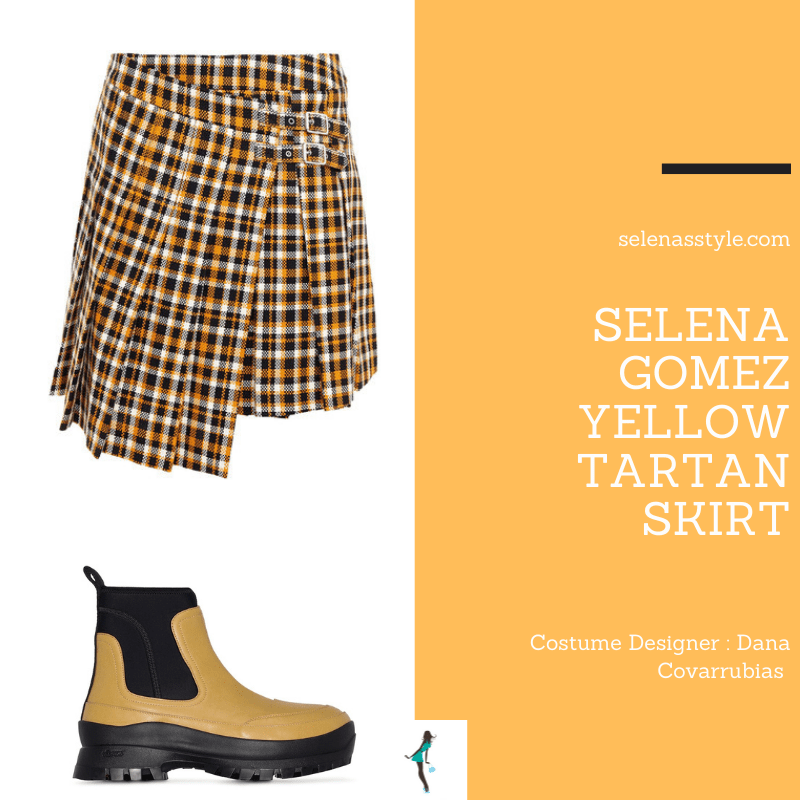 Where to get Selena Gomez outfits March 2021 blog yellow tartan skirt beige teddy coat yellow green boots on the set of Only Murders In The Building