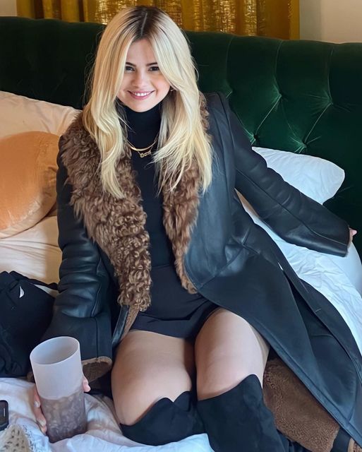 where to get Selena Gomez leather coat fur collar black dress over the knee boots 25 April 2021