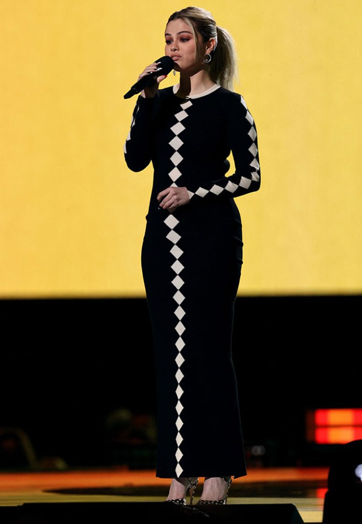 where to get Selena Gomez black and white dress Vax Live 3 MAy 2021 Photo Emma McIntyre Getty Images for Global Citizen VAX LIVE