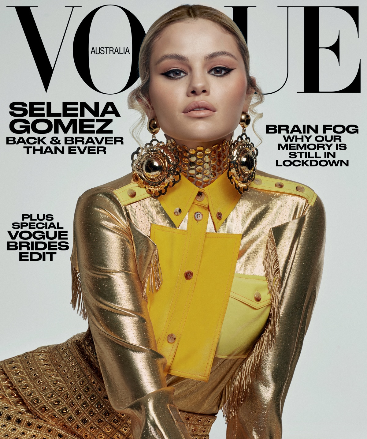 Selena Gomez gold and yellow shirt gold earring Vogue Australia July 2021 Photo Alique