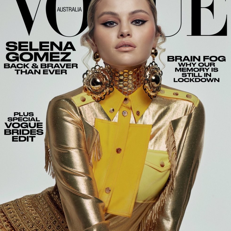 Selena Gomez gold and yellow shirt gold earring Vogue Australia July 2021 Photo Alique