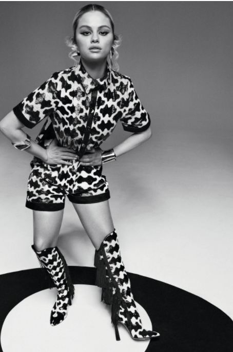 where to get Selena Gomez back and white outfit and boots Vogue Australia July 2021 Photo Alique