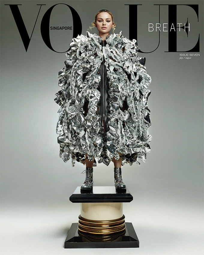 where to get Selena Gomez silver dress silver boots Vogue Singapore July August 2021 Photo Alique
