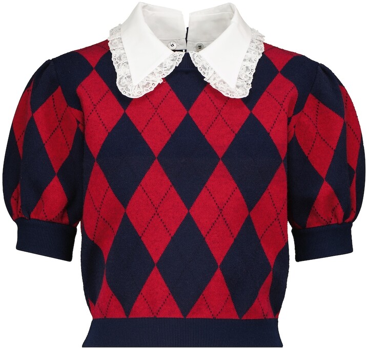 Alessandra Rich Argyle Short-Sleeve Sweater