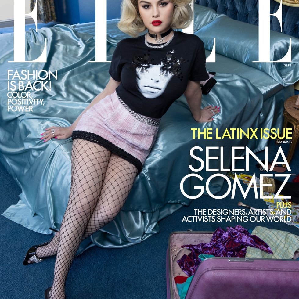 where to get Selena Gomez Elle September 2021 pink tweed skirt and black graphic t-shirt where to get Selena Gomez Elle September 2021 pink tweed skirt and black graphic t-shirt Photo INEZ & VINOODH