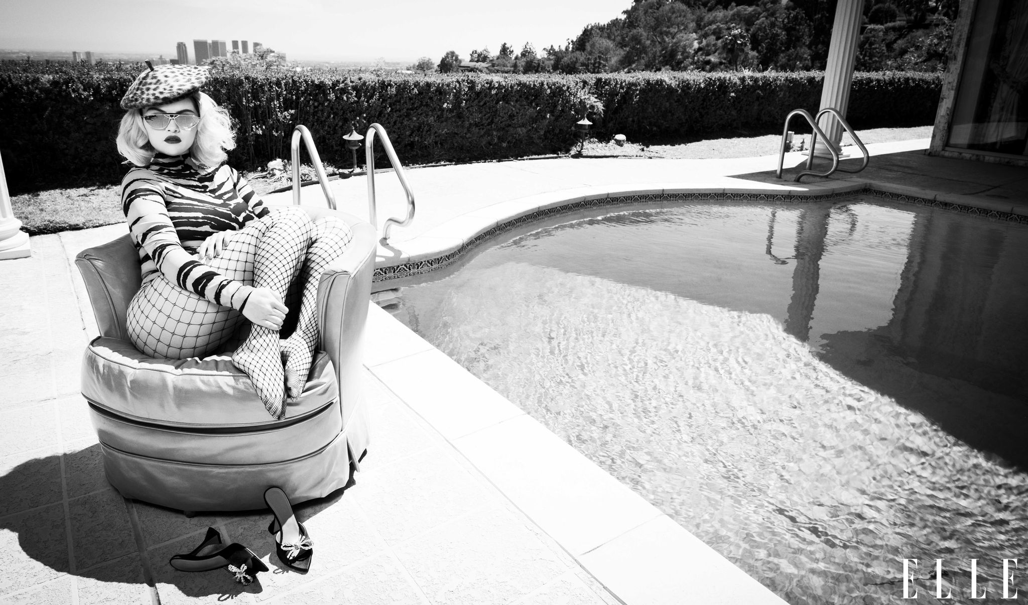 where to get Selena Gomez Elle September 2021 tiger bodysuit leopard beret crystal mules Photo INEZ & VINOODH