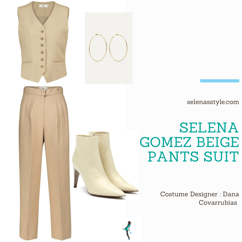 Where to get Selena Gomez outfits December 2020 blog beige pants suit white turtleneck white boots gold hoops on the set of Only Murders In The Building