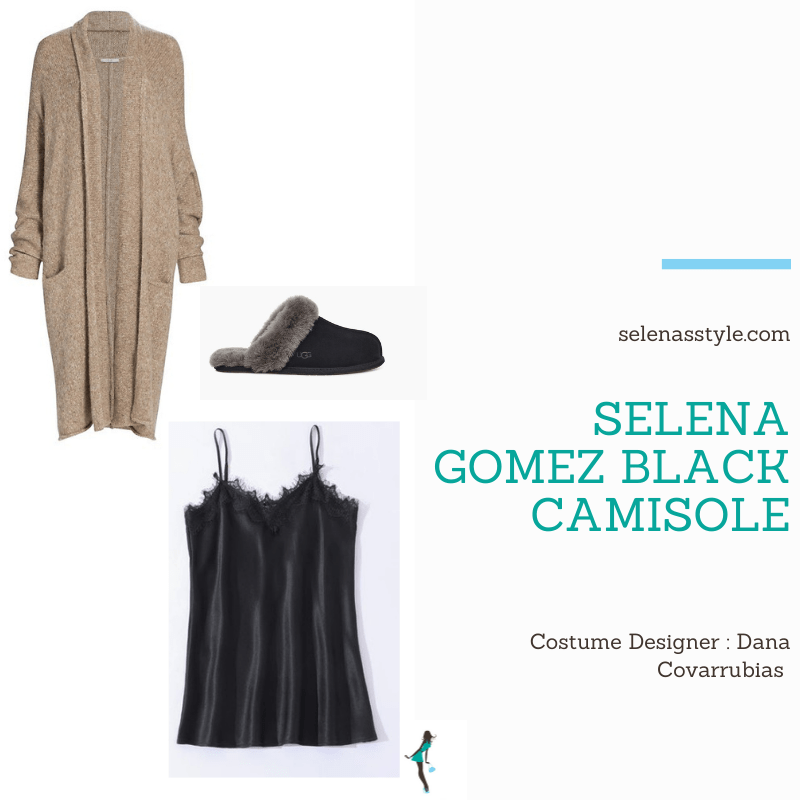 December 2020 blog black lace camisole beige cardigan black Uggs yellow gloves on the set of Only Murders In The Building