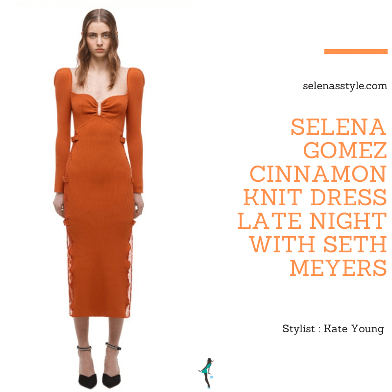 Where to get Selena Gomez outfits September 2021 blog burnt orange knit lace dress beige pumps Late Night with Seth Meyers