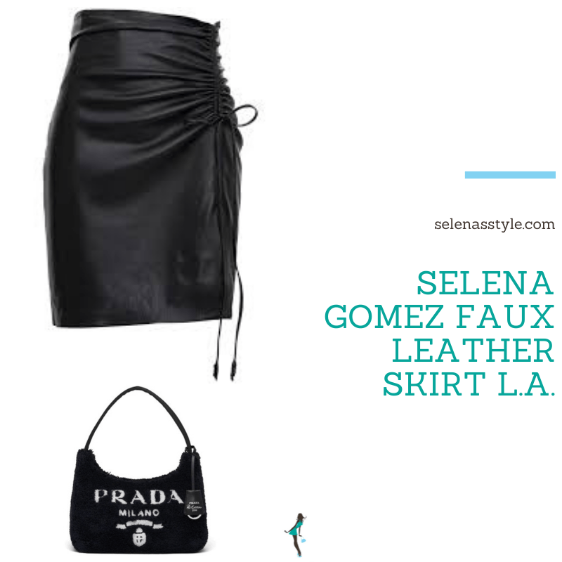 Where to get Selena Gomez outfits September 2021 blog faux black leather skirt with spit black satin pumps black Prada bag black roll neck