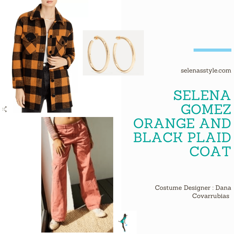 Where to get Selena Gomez outfits December 2020 blog red cargo pants orange and black coat gold hopp earrings on the set of Only Murders In The Building