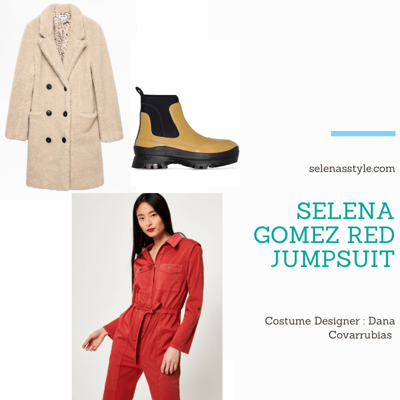 Where to get Selena Gomez outfits December 2020 blog red jumpsuit beige coat green chelsea boots on the set of Only Murders In The Building