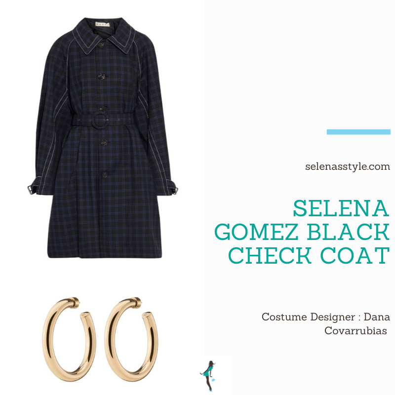 Where to get Selena Gomez outfits April 2021 blog black check coat gold hoops on the set of Only Murders In The Building