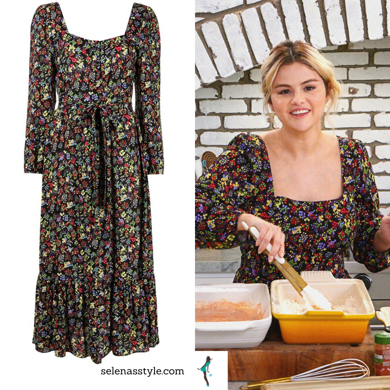 Where to get Selena Gomez outfits October 2021 blog Selena + Chef Season 3 black floral U neck long sleeve dress