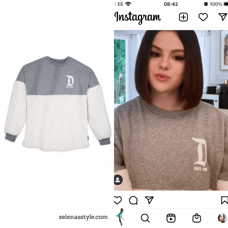 Where to get Selena Gomez outfits October 2021 grey and cream D Disneyland sweater