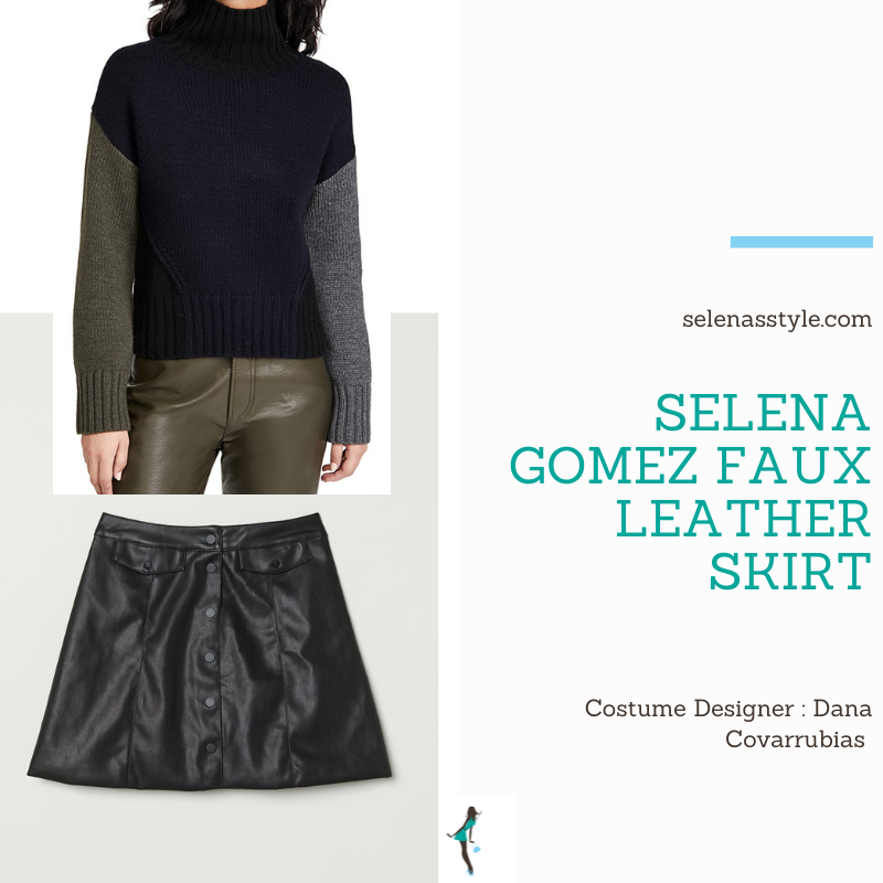 Where to get Selena Gomez outfits December 2020 blog black faux leather mini skirt colour block jumper yellow khaki boots on the set of Only Murders In The Building