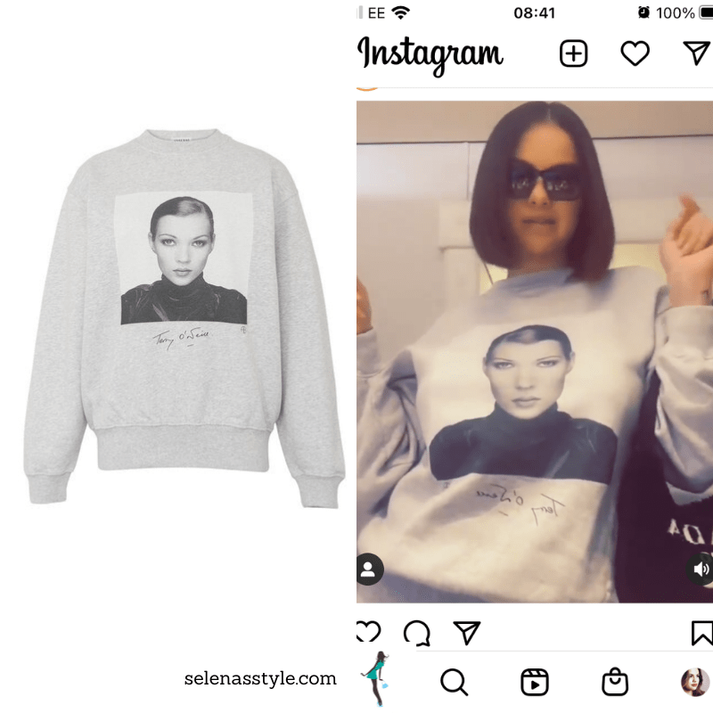 Where to get Selena Gomez outfits October 2021 grey Kate Moss sweatshirt Prada bag
