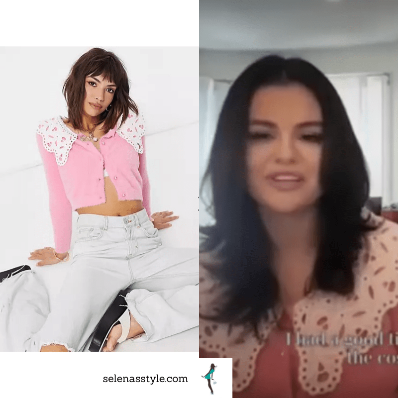 Where to get Selena Gomez outfits October 2021 pink cardigan with white lace collar