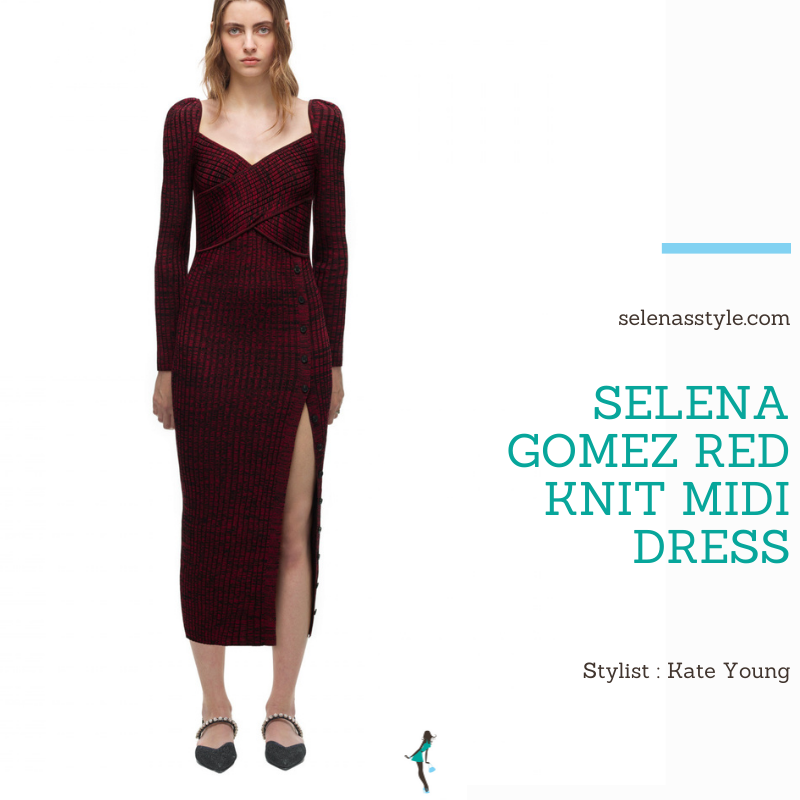 Where to get Selena Gomez outfits October 2021 blog red and black ribbed knit midi dress black and red mules black YSL bag
