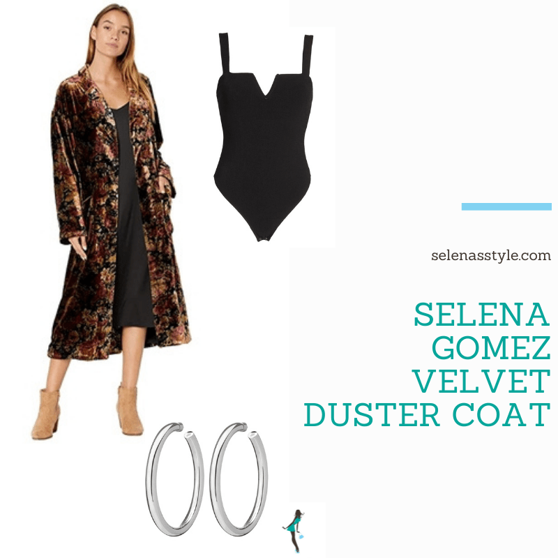 Where to get Selena Gomez outfits October 2021 blog floral velvet coat black top silver hoops Prada bag black croc ankle boots