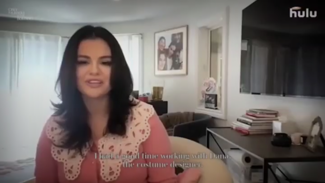 where to get Selena Gomez pink cardigan with white lace collar October 2021 Photo Hulu