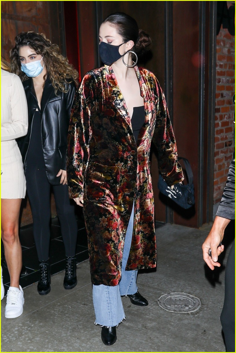 where to get Selena Gomez velvet floral coat black notch top hoop earrings jeand black boots 9 October 2021 Photo Backgrid
