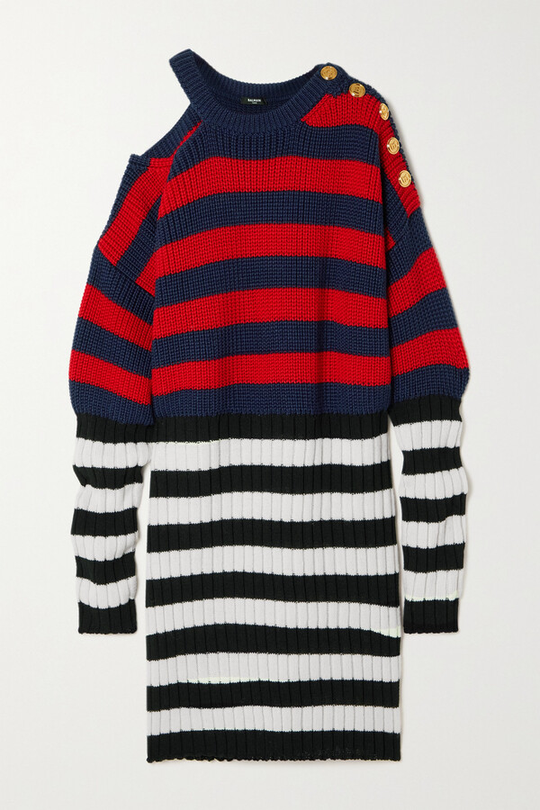 Balmain Red And Black Striped Wool Dress